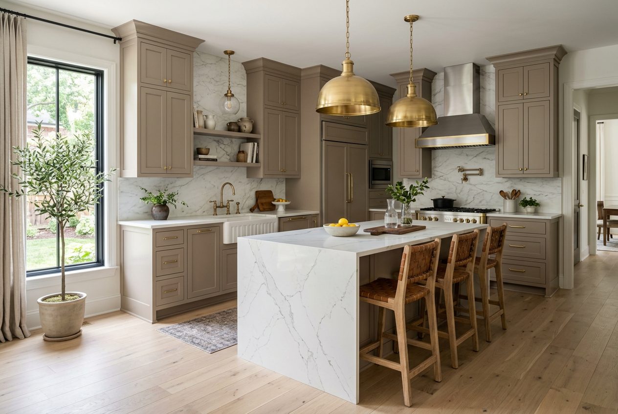 Bright transitional Charlotte kitchen with white cabinetry, marble island, and warm pendant lighting