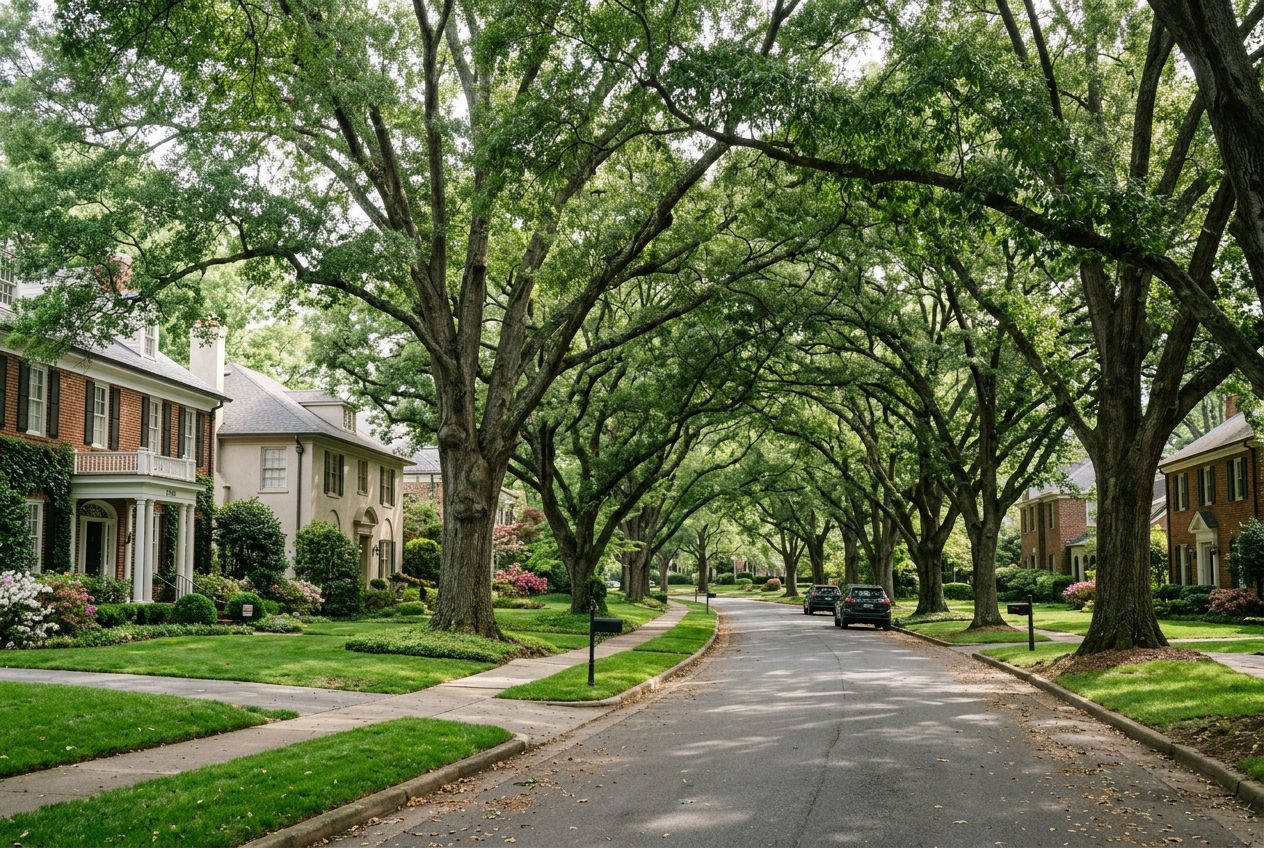 Aerial view of a tree-lined Charlotte NC residential neighborhood with brick homes and mature oaks